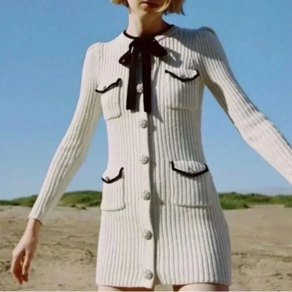 Self Portrait Lurex White Knit Dress with Black Accents crystal buttons - Picture 2 of 10